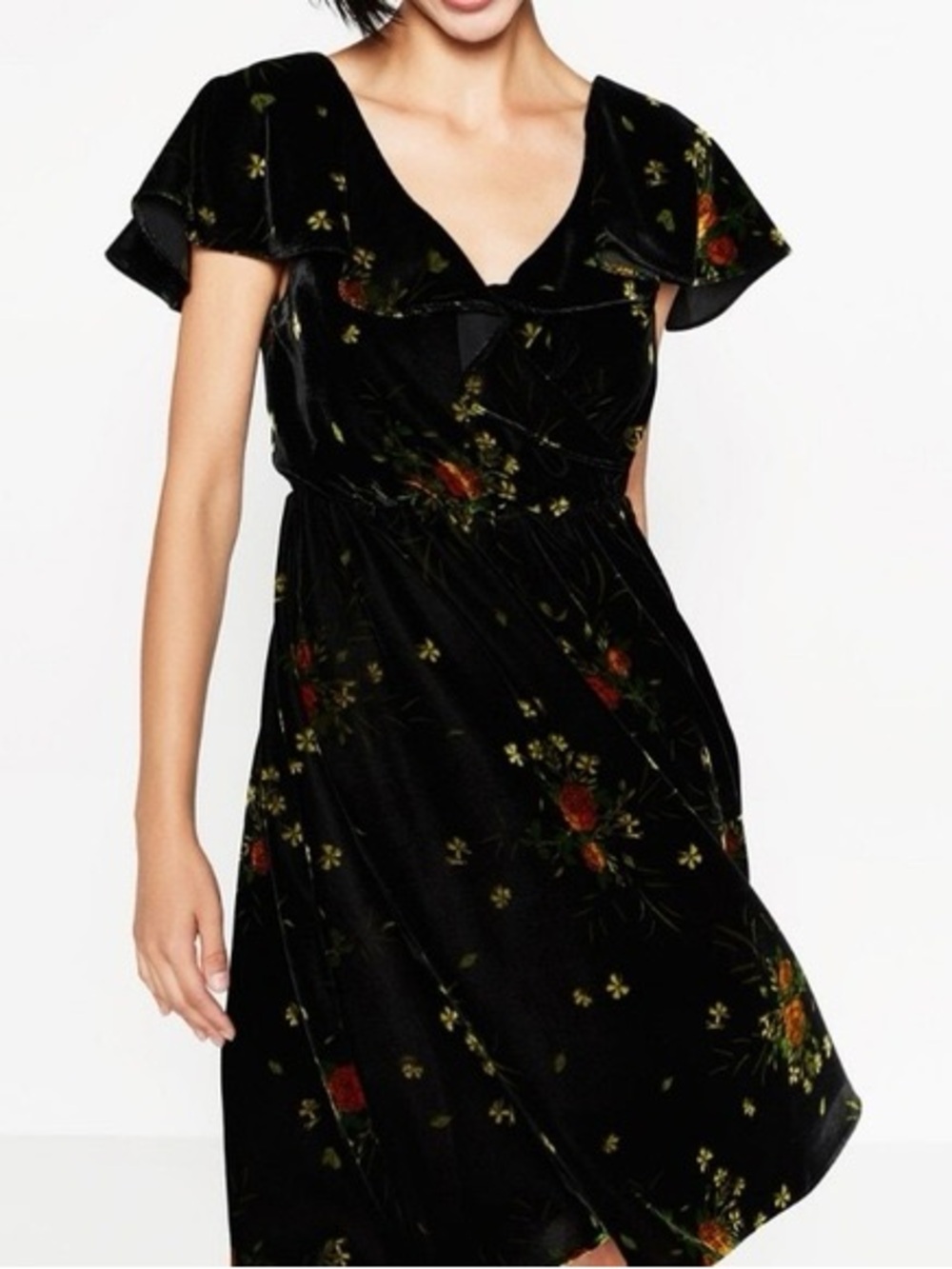 Zara Black Velvet Mini Dress with Red & Green Floral Print